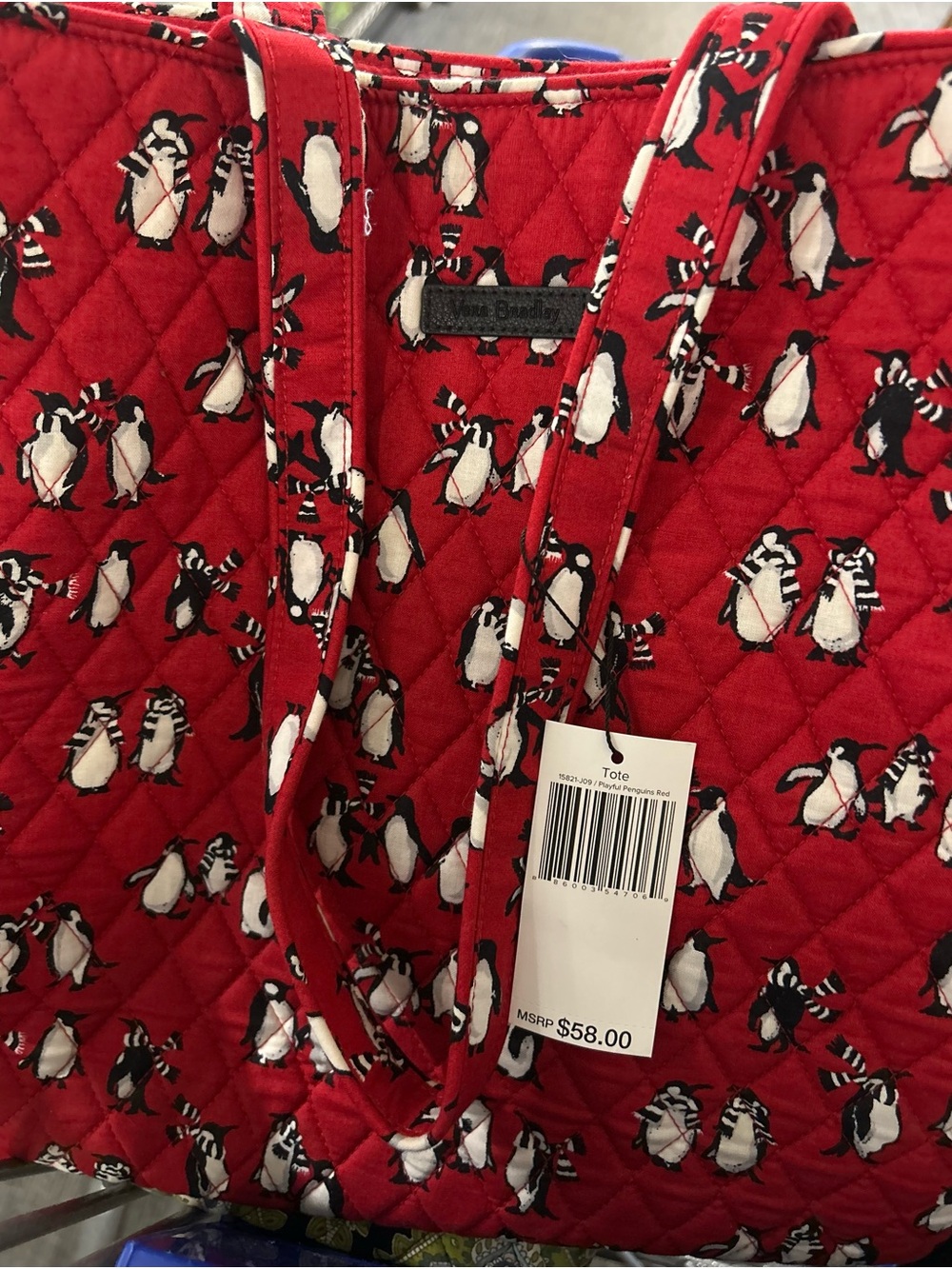 Vera Bradley Red Quilted Tote with Penguin Print